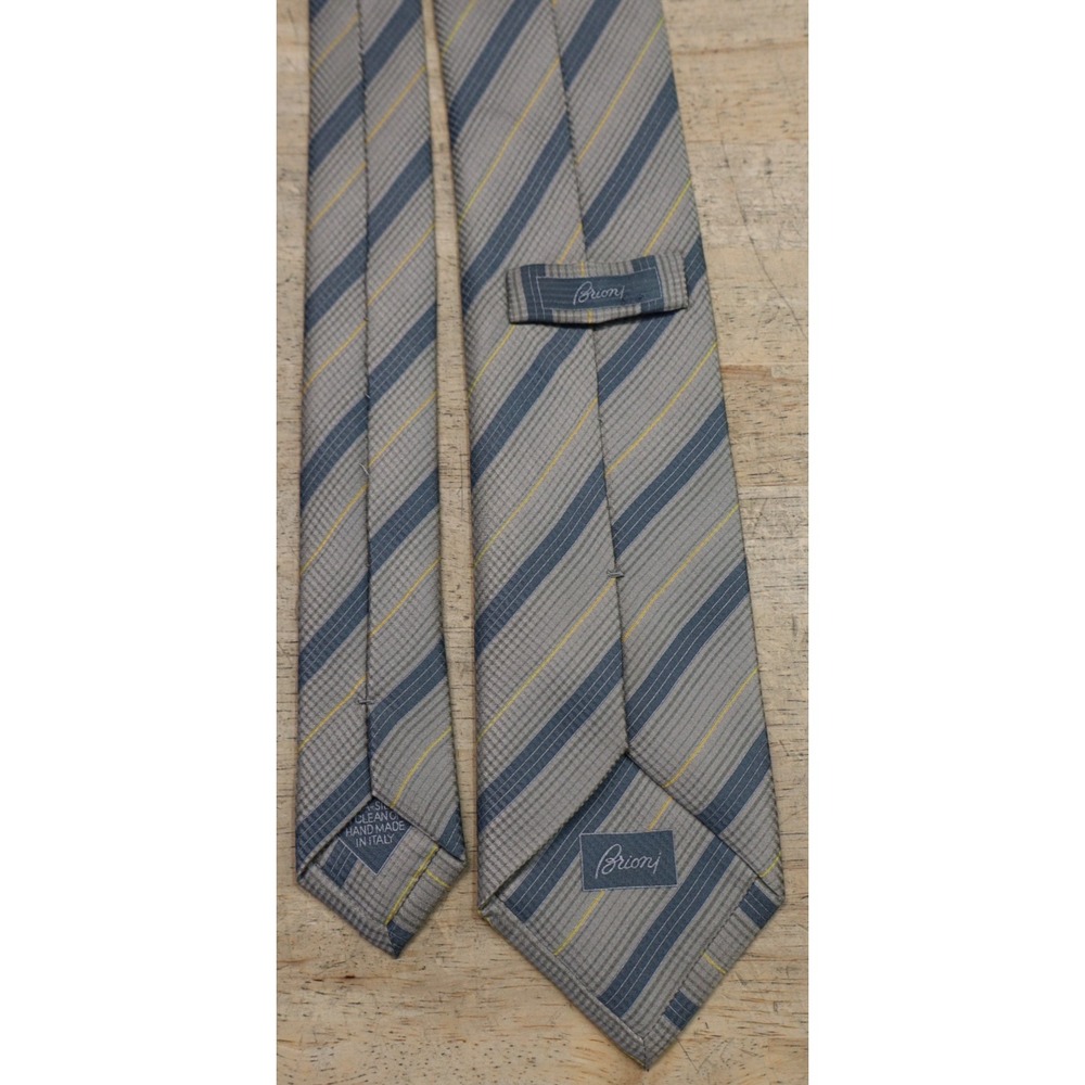 Brioni Mens Neck Tie Long Silk Striped Repp Gray Yellow Silk Made in‎ Itlay